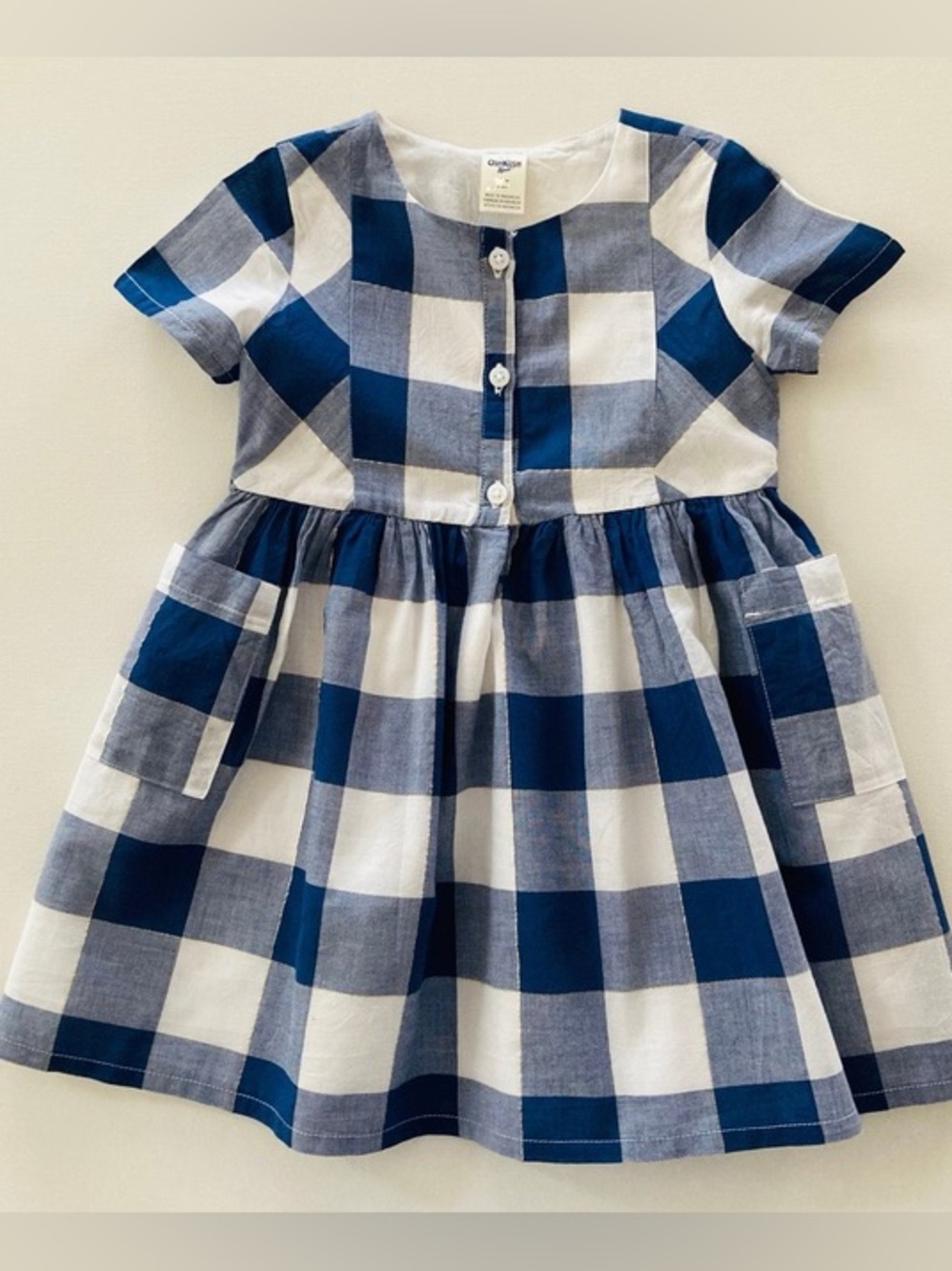 Oshkosh B'gosh Gingham Plaid Navy Blue / White Summer Sun Dress Button Back - 5T